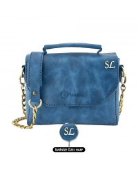 İsme Özel Çıtçıtlı Zincirli Küçük Boy El Omuz Çantası - %100 Deri - AC03001 - Saks Mavisi