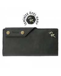 İsme Özel Dikey Çıtçıtlı Uzun Cüzdan - %100 Rainbow Deri - A010006 - Antrasit