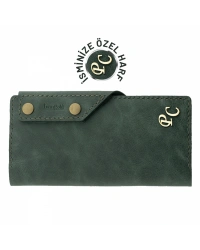 İsme Özel Dikey Çıtçıtlı Uzun Cüzdan - %100 Rainbow Deri - A010006 - Haki