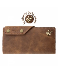 İsme Özel Dikey Çıtçıtlı Uzun Cüzdan - %100 Rainbow Deri - A010006 - Kahverengi