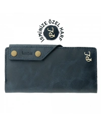 İsme Özel Dikey Çıtçıtlı Uzun Cüzdan - %100 Rainbow Deri - A010006 - Lacivert