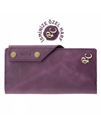 İsme Özel Dikey Çıtçıtlı Uzun Cüzdan - %100 Rainbow Deri - A010006 - Mor