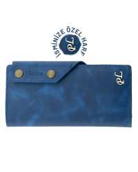 İsme Özel Dikey Çıtçıtlı Uzun Cüzdan - %100 Rainbow Deri - A010006 - Saks Mavisi