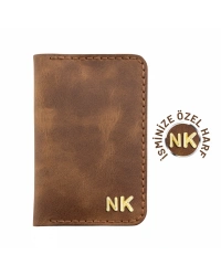 İsme Özel Dikey Mini Cüzdan - %100 Rainbow Deri - A010005 - Kahverengi