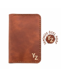 İsme Özel Dikey Mini Cüzdan - %100 Rainbow Deri - A010005 - Tobacco
