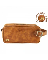 İsme Özel Dopp Kit Kişisel Bakım ve Seyahat Çantası - %100 Rainbow Deri - AC14004 - Camel