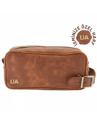 İsme Özel Dopp Kit Kişisel Bakım ve Seyahat Çantası - %100 Rainbow Deri - AC14004 - Kahverengi
