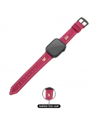 İsme Özel El Dikişli Apple Watch Saat Kordonu - %100 Çift Kat Deri - AG03001 - Fuşya