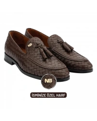 İsme Özel El Örgüsü Kösele Erkek Ayakkabı - %100 Hakiki Deri - Altın Harf - AA01002 - Kahverengi