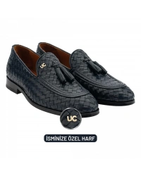 İsme Özel El Örgüsü Kösele Erkek Ayakkabı - %100 Hakiki Deri - Altın Harf - AA01002 - Lacivert