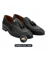 İsme Özel El Örgüsü Kösele Erkek Ayakkabı - %100 Hakiki Deri - Gümüş Konseptli - AA01010 - Siyah
