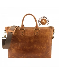 İsme Özel Günlük Kullanım El Omuz Evrak Laptop Çantası - %100 Deri - AC09004 - Camel