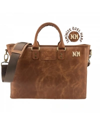 İsme Özel Günlük Kullanım El Omuz Evrak Laptop Çantası - %100 Deri - AC09004 - Kahverengi