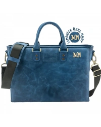 İsme Özel Günlük Kullanım El Omuz Evrak Laptop Çantası - %100 Deri - AC09004 - Saks Mavisi