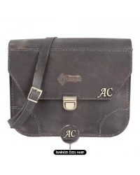 İsme Özel Günlük Orta Boy Omuz Çantası - %100 Crazy Deri - AC03002 - Antrasit