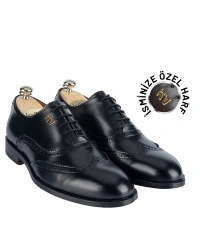İsme Özel Oxford Erkek Ayakkabı - %100 Hakiki Açma Deri - Altın Harf - AA01004 - Siyah