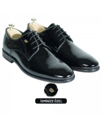 İsme Özel Rugan Bağcıklı Kösele Erkek Ayakkabı - %100 Hakiki Deri - Altın Harf - AA01006 - Siyah
