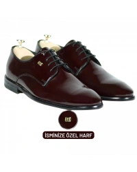 İsme Özel Rugan Bağcıklı Kösele Erkek Ayakkabı - %100 Hakiki Deri - Gümüş Konseptli - AA01014 - Bordo