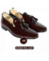 İsme Özel Rugan Püsküllü Kösele Erkek Ayakkabı - %100 Hakiki Deri - Altın Harf - AA01007 - Bordo