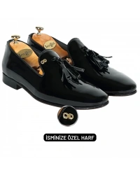 İsme Özel Rugan Püsküllü Kösele Erkek Ayakkabı - %100 Hakiki Deri - Altın Harf - AA01007 - Siyah