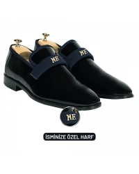 İsme Özel Smokin Salon Erkek Ayakkabısı - %100 Hakiki Deri - Altın Harf - AA01005 - Lacivert