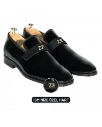 İsme Özel Smokin Salon Erkek Ayakkabısı - %100 Hakiki Deri - Altın Harf - AA01005 - Siyah