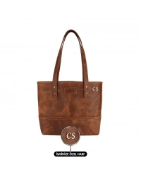 İsme Özel Tote Bag El Omuz Çantası - %100 Rainbow Deri - AC03003 - Kahverengi