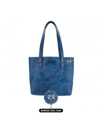 İsme Özel Tote Bag El Omuz Çantası - %100 Rainbow Deri - AC03003 - Saks Mavisi