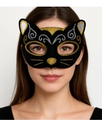 Kadife Dokulu Sim Detaylı Işıltılı Kedi Maskesi Altın Gümüş 20x13 cm