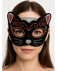 Kadife Dokulu Sim Detaylı Işıltılı Kedi Maskesi Kırmızı Gümüş 20x13 cm