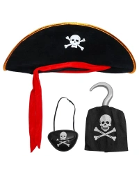 Kadife Kaptan Jack Korsan Şapkası Korsan Eli ve Korsan Göz Maskesi Çocuk Boy