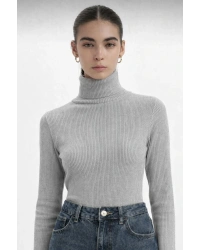 Kadın Gri Fitilli Balıkçı Yaka Triko Kazak