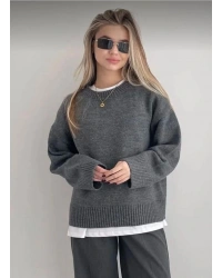 Kadın Gri Oversize Triko Kazak