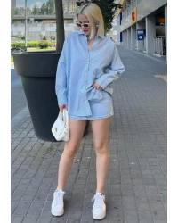 Kadın Mavi Çizgili Oversize Poplin Gömlek