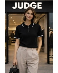 Kadın Premium Kalite Rahat Kalıp Pamuklu Yarım Fermuarlı Triko Tişört / Siyah