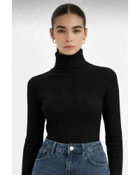 Kadın Siyah Fitilli Balıkçı Yaka Triko Kazak