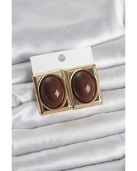 Kahverengi Kare Model Vintage Gold Renk Kadın Küpe