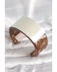 Kahverengi Mermer Desen Akrilik Plastik Gümüş Dikdörtgen Plaka Vintage Kadın Bilezik