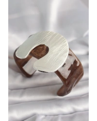 Kahverengi Mermer Desen Akrilik Plastik Gümüş Plaka Model Vintage Kadın Bilezik