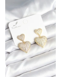 Kalp Model Zirkon Taşlı Gold Renk Pirinç Kadın Küpe