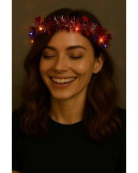 Kalp Püsküllü Gece Parıltısı 3 Modlu LED'li Işıklı Taç Kırmızı Renk