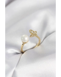 Kelebek İncili Model Gold Renk Zirkon Taşlı Kadın Yüzük