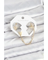 Kelebek Model Pirinç Gold Renk Zincir Bağlantılı Ear Cuff Küpe Seti