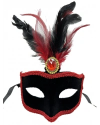 Kırmızı Dantelli Siyah Kırmızı Tüylü Siyah Süet Kaplama Parti Maskesi 17x25 cm