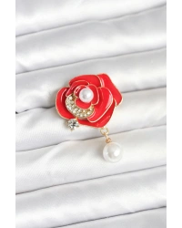 Kırmızı Gül İncili Model Broş