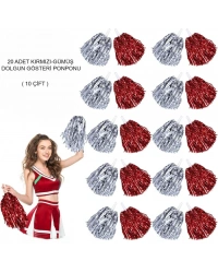Kırmızı Gümüş Metalik Dolgun Gösteri Ponponu 20 Adet (10 Çift)