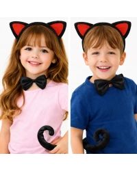 Kırmızı Kulaklı Kedi Kostüm Seti – Taç Papyon Kuyruk 3 Parça