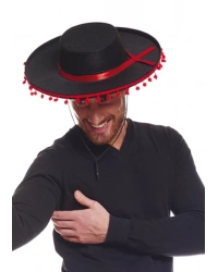 Kırmızı Ponponlu Siyah Renk Yetişkin İspanyol Şapkası