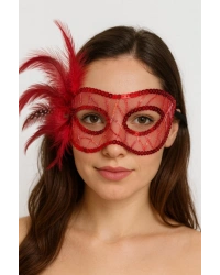 Kırmızı Renk Yandan Tüylü Pul Payet İşlemeli Parti Maskesi 23x12 cm