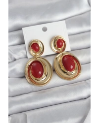 Kırmızı Sallantılı Damla Model Gold Renk Vintage Kadın Küpe